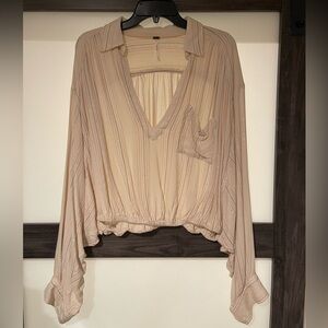Free People Cream V-Neck Blouse Relaxed Fit